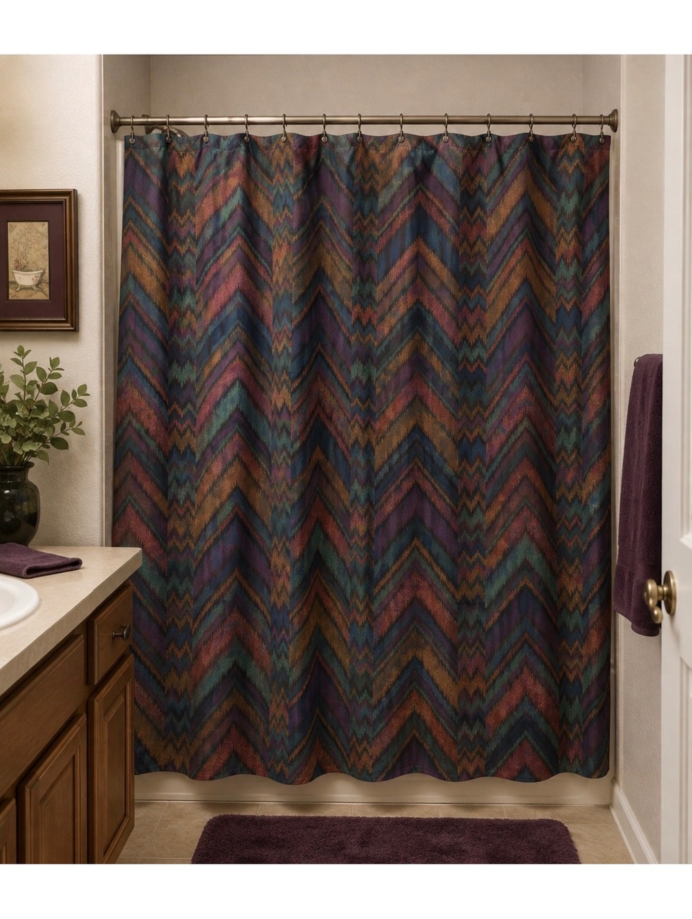 Vintage 80s Geometric Chevron Shower Curtain